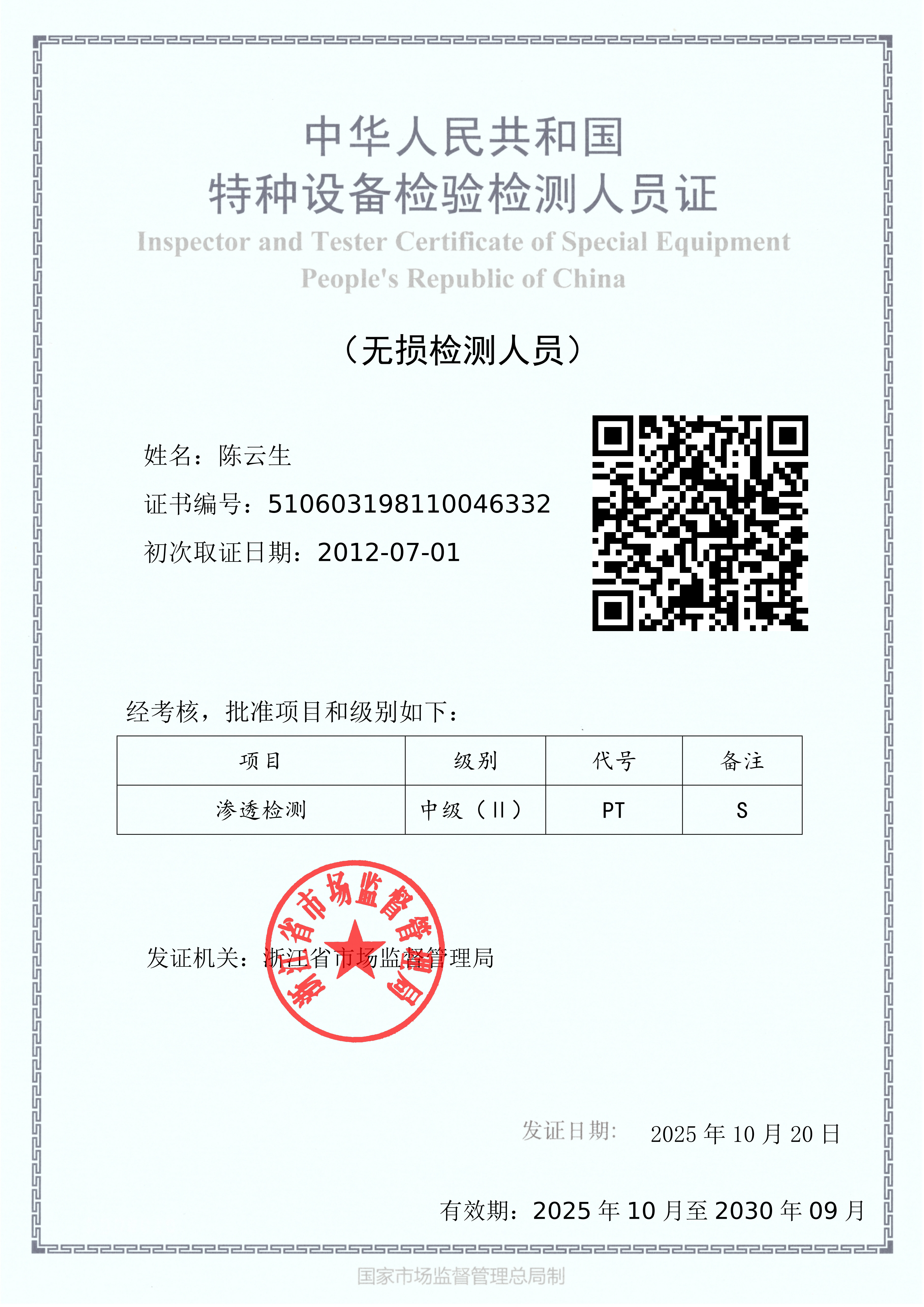 PT中级(II级)无损检测证书 